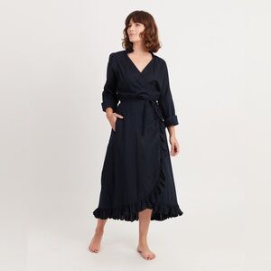 A Shirt Thing Navy Blue Wrap Midi Dress Cotton Casual Boho Minimalist Women M/L